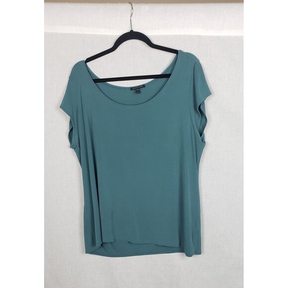 Eileen Fisher Blouse XL Teal Green 100% Silk Short Sleeve Casual Work Career - Picture 1 of 8